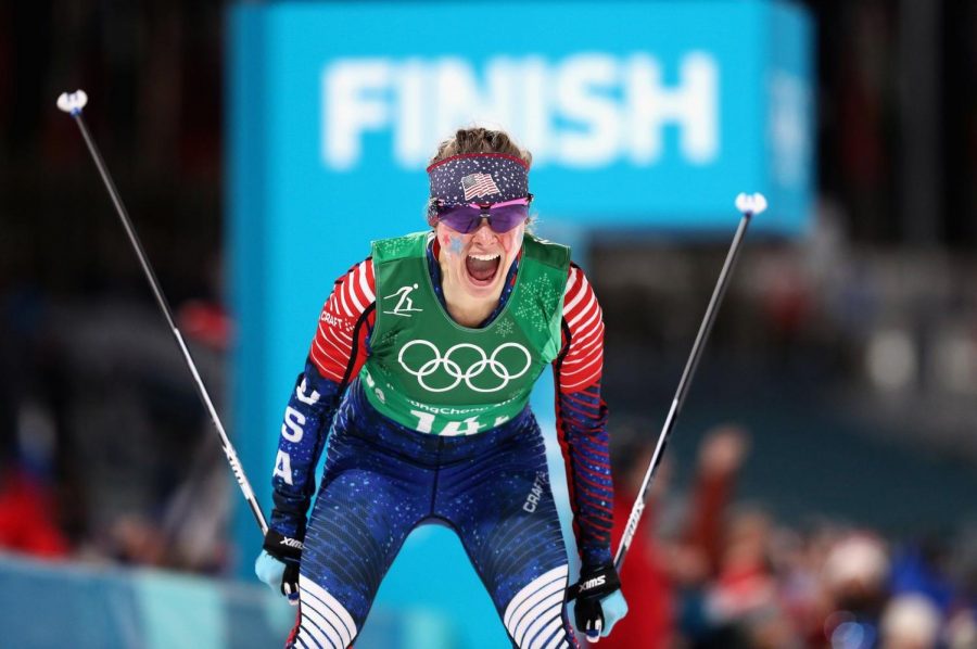 Cross-country+skier+Jessica+Diggins+makes+history+as+she+becomes+the+first+American+woman+to+win+gold+in+a+cross-country+ski+event.+