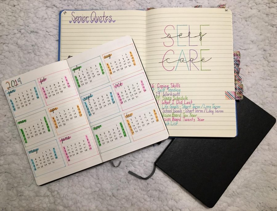 A section of Azevedo’s newest bullet journal that she will use as a school planner for the 2019 year along with her old one that has a section title on self care.