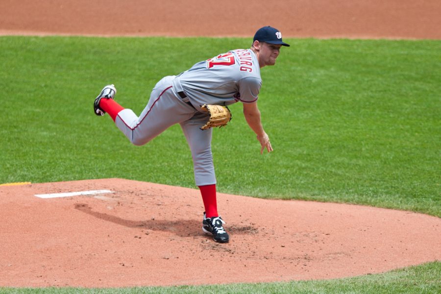 Stephen Strasburg throws his first pitch against the Cleveland Indians in his 2nd MLB start
