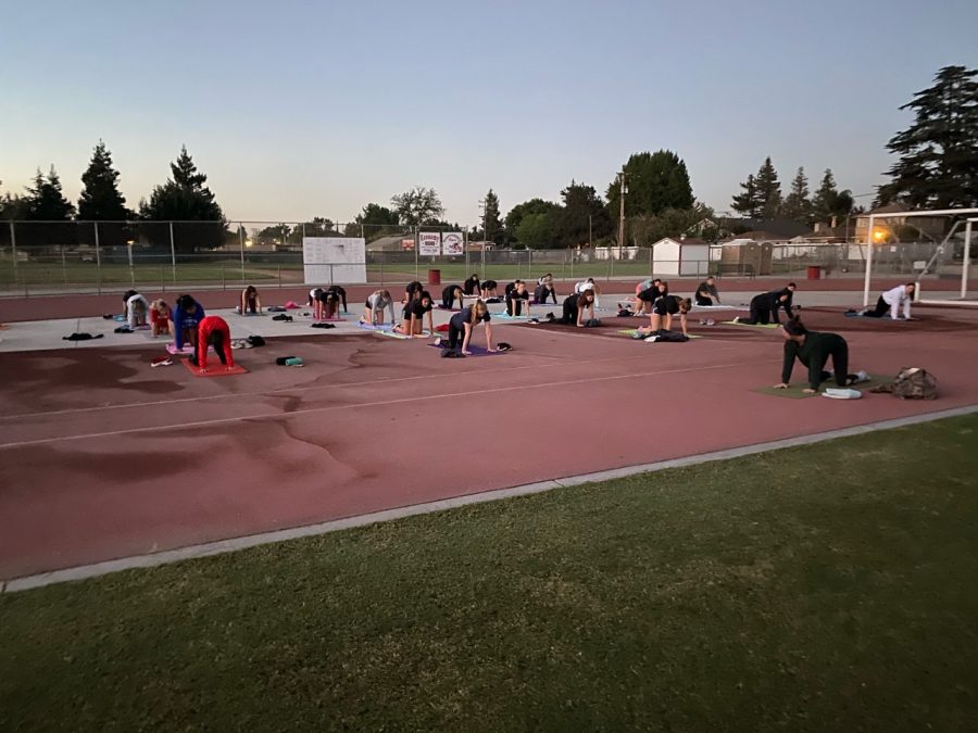 Volleyball team does yoga together during sunrise. 