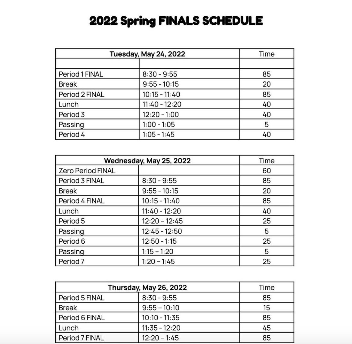 End of Year Rally and Finals Schedule